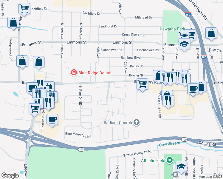 map of restaurants, bars, coffee shops, grocery stores, and more near 3424 Hemlock Place Northeast in Cedar Rapids