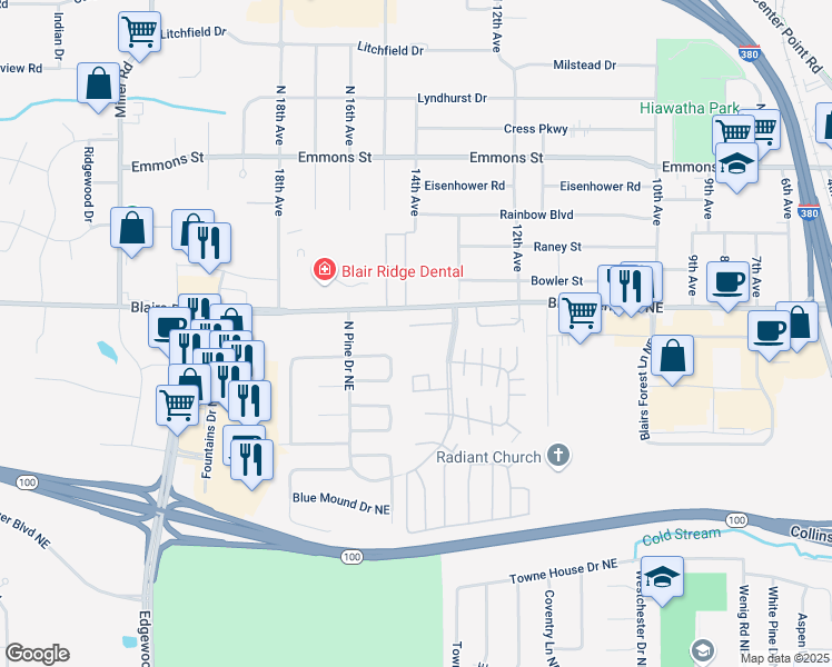 map of restaurants, bars, coffee shops, grocery stores, and more near 3432 Hemlock Place Northeast in Cedar Rapids