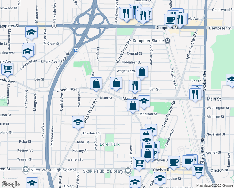 map of restaurants, bars, coffee shops, grocery stores, and more near 5270 Lincoln Avenue in Skokie