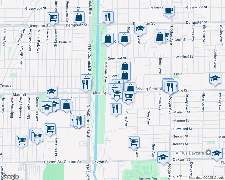 map of restaurants, bars, coffee shops, grocery stores, and more near 2416 Bradley Place in Evanston