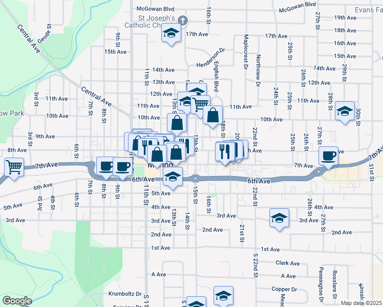 map of restaurants, bars, coffee shops, grocery stores, and more near 815 14th Street in Marion
