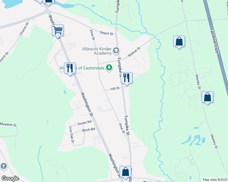 map of restaurants, bars, coffee shops, grocery stores, and more near 6 Hill Street in Easton