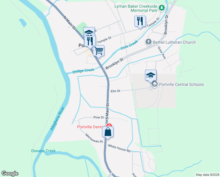 map of restaurants, bars, coffee shops, grocery stores, and more near 81 South Main Street in Portville