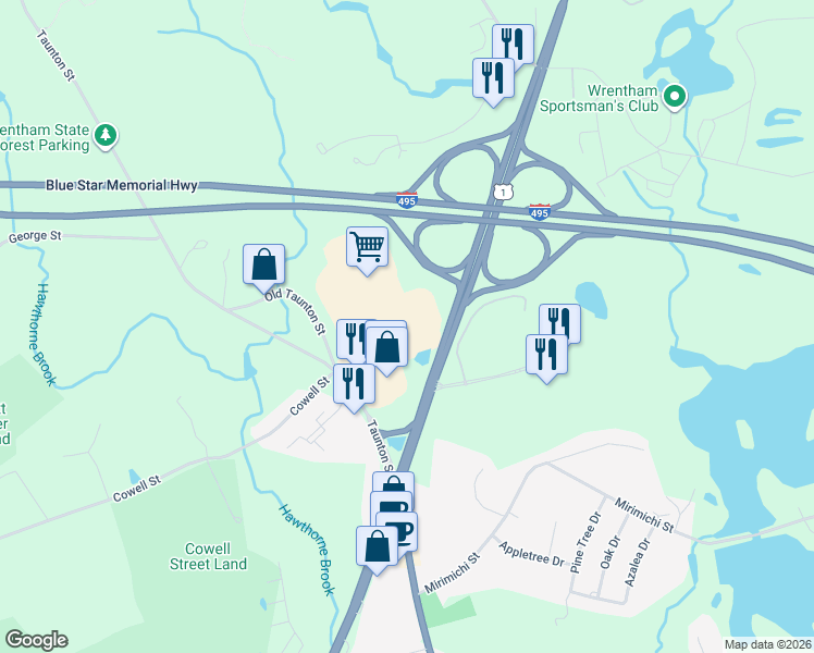 map of restaurants, bars, coffee shops, grocery stores, and more near 91 Taunton Street in Plainville
