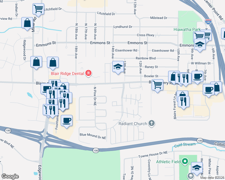 map of restaurants, bars, coffee shops, grocery stores, and more near 3435 Hemlock Place Northeast in Cedar Rapids