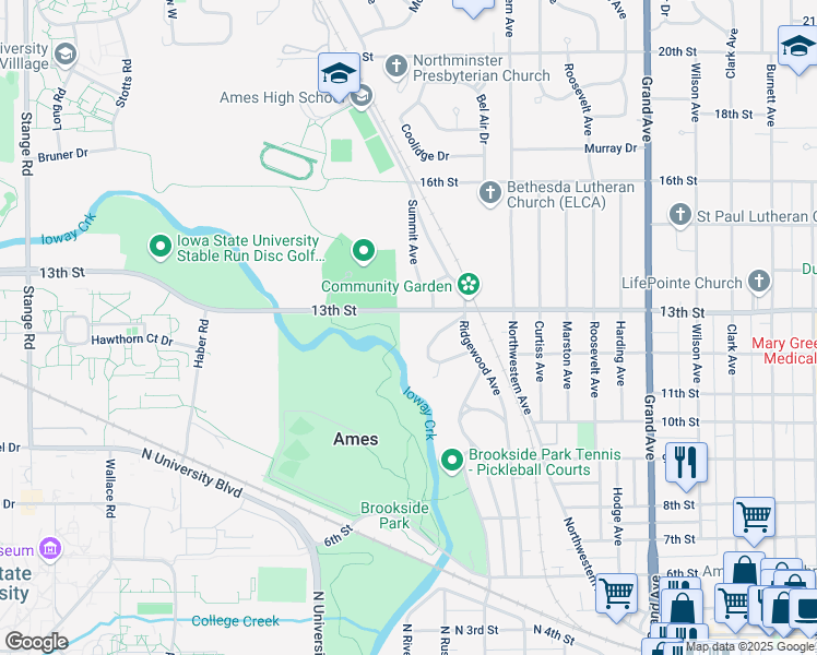 map of restaurants, bars, coffee shops, grocery stores, and more near 1519 13th Street in Ames