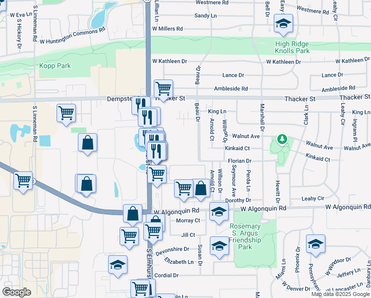 map of restaurants, bars, coffee shops, grocery stores, and more near 960 Beau Drive in Des Plaines