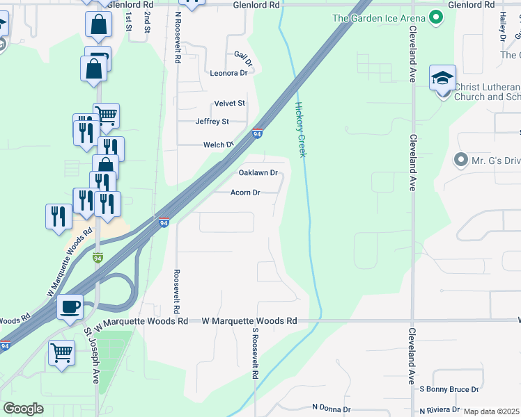 map of restaurants, bars, coffee shops, grocery stores, and more near 2060 Acorn Drive in Stevensville