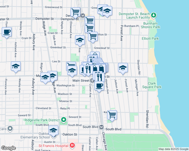 map of restaurants, bars, coffee shops, grocery stores, and more near 525 Main Street in Evanston