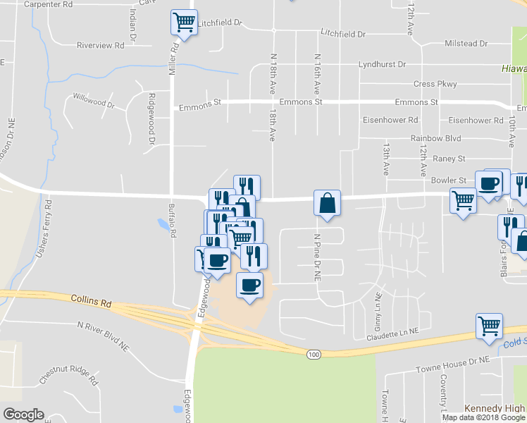 map of restaurants, bars, coffee shops, grocery stores, and more near 3905 Blairs Ferry Road Northeast in Cedar Rapids