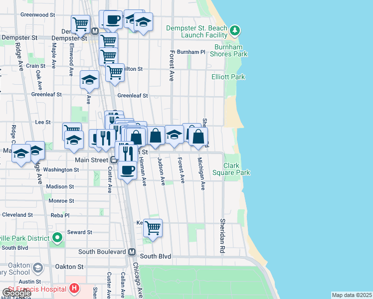 map of restaurants, bars, coffee shops, grocery stores, and more near 916 Michigan Avenue in Evanston