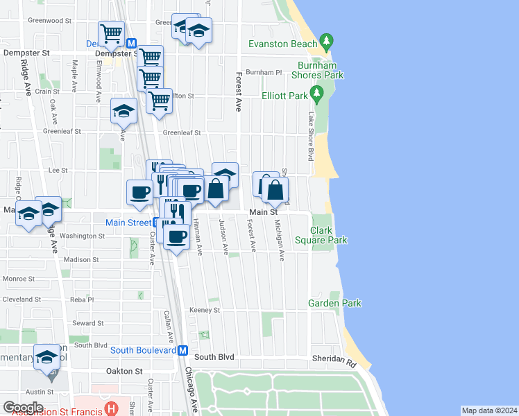 map of restaurants, bars, coffee shops, grocery stores, and more near 916 Michigan Avenue in Evanston