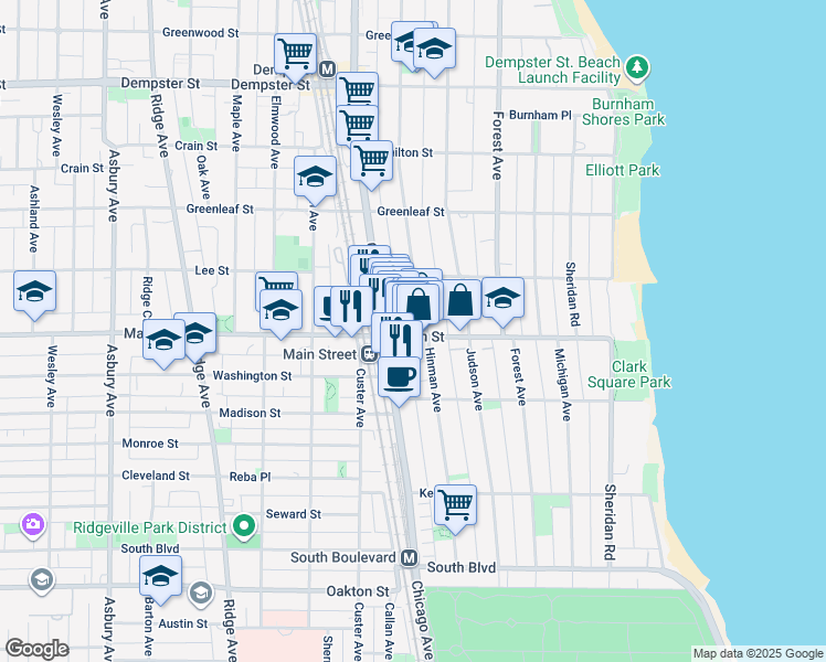 map of restaurants, bars, coffee shops, grocery stores, and more near 918 Hinman Avenue in Evanston
