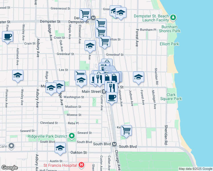 map of restaurants, bars, coffee shops, grocery stores, and more near 525 Main Street in Evanston