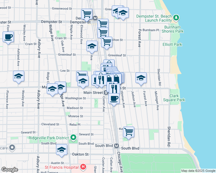 map of restaurants, bars, coffee shops, grocery stores, and more near 525 Main Street in Evanston
