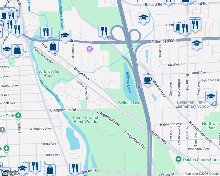 map of restaurants, bars, coffee shops, grocery stores, and more near 1033 Crabtree Lane in Des Plaines