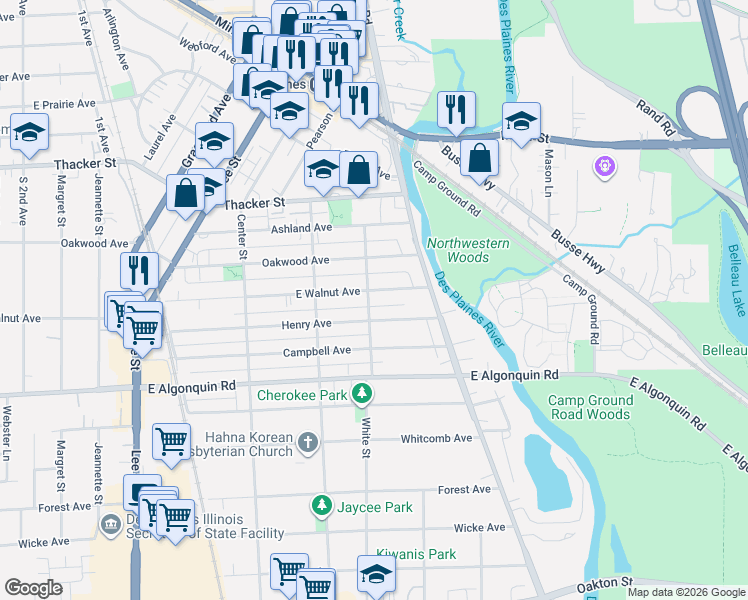 map of restaurants, bars, coffee shops, grocery stores, and more near 1638 East Walnut Avenue in Des Plaines