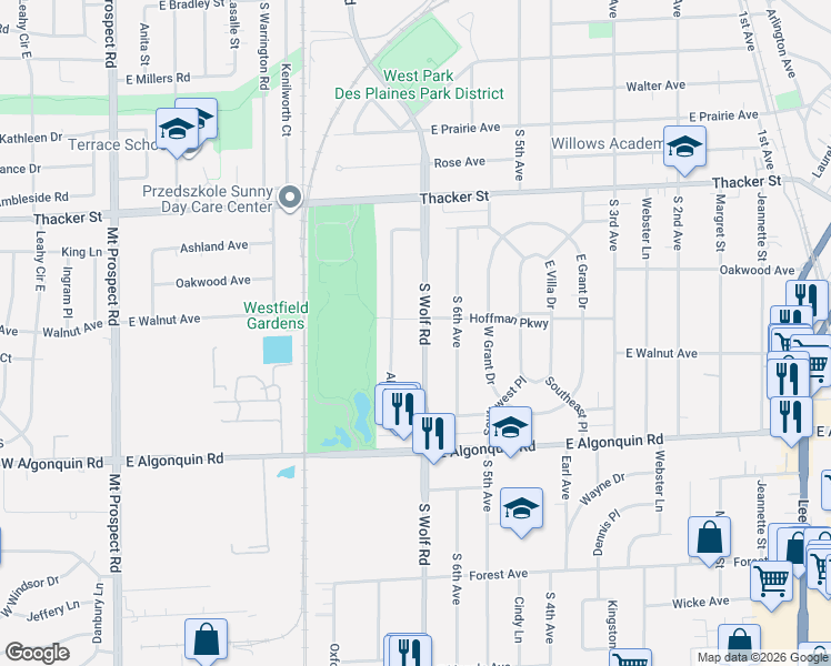 map of restaurants, bars, coffee shops, grocery stores, and more near in Des Plaines