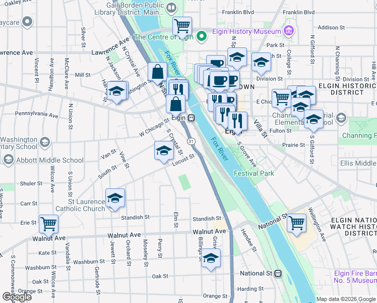 map of restaurants, bars, coffee shops, grocery stores, and more near 69 South Crystal Street in Elgin