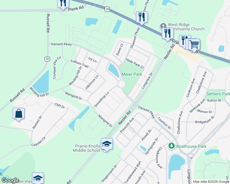 map of restaurants, bars, coffee shops, grocery stores, and more near 358 Snowdrop Lane in Elgin
