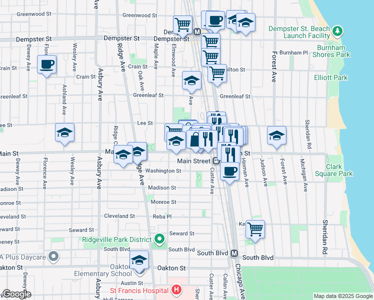 map of restaurants, bars, coffee shops, grocery stores, and more near 914 Sherman Avenue in Evanston