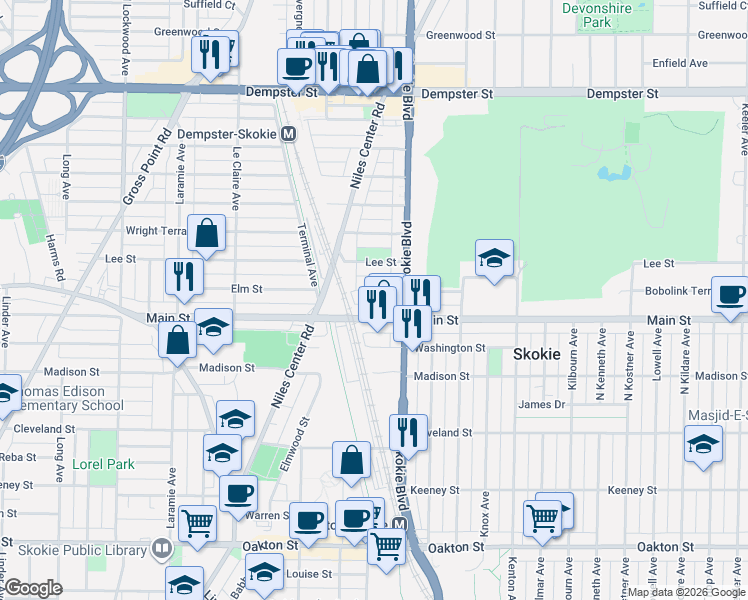 map of restaurants, bars, coffee shops, grocery stores, and more near 4830 Elm Street in Skokie