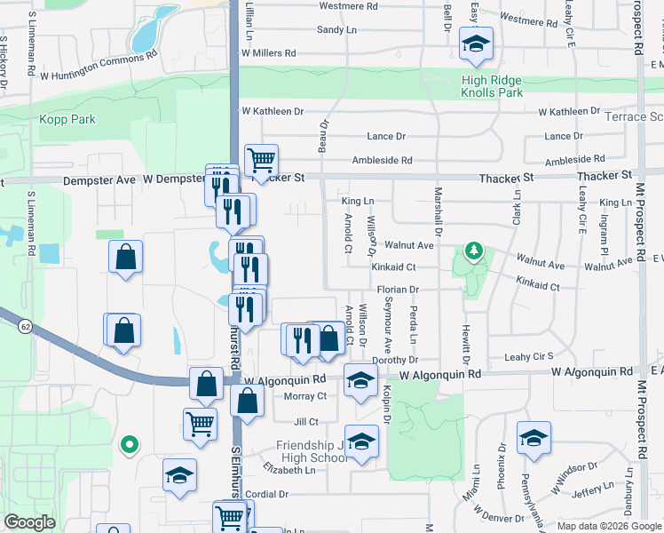map of restaurants, bars, coffee shops, grocery stores, and more near 915 Beau Drive in Des Plaines