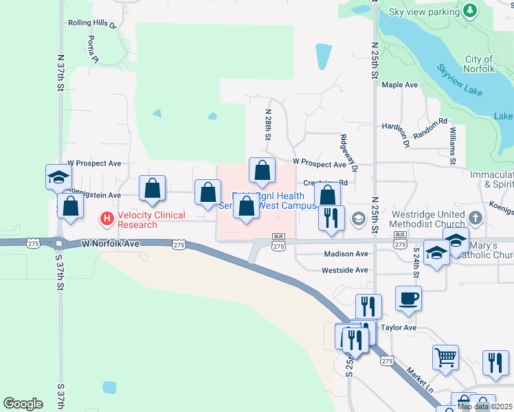 map of restaurants, bars, coffee shops, grocery stores, and more near Hospital Road in Norfolk