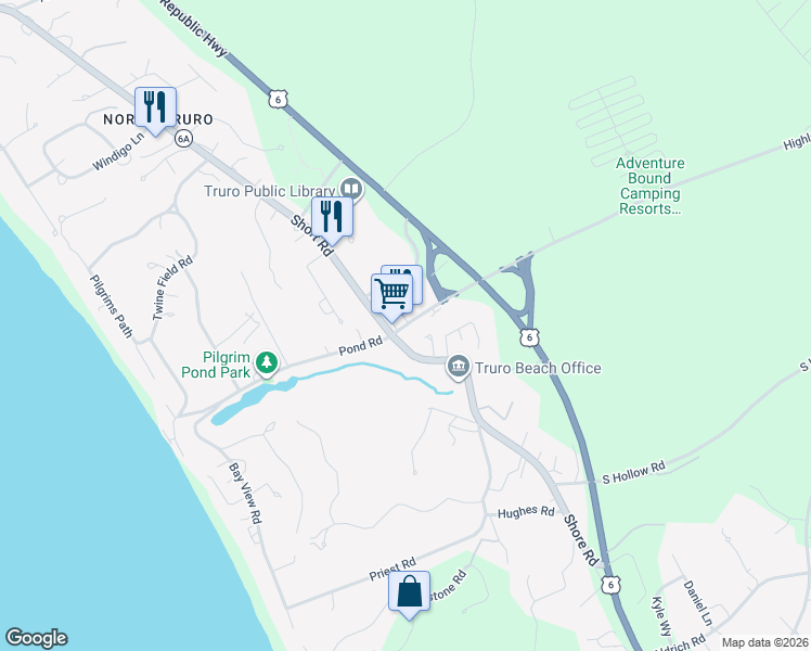 map of restaurants, bars, coffee shops, grocery stores, and more near 4 Highland Rd in Truro