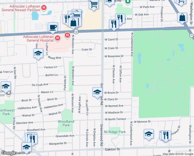 map of restaurants, bars, coffee shops, grocery stores, and more near 8615 West Park Lane in Niles