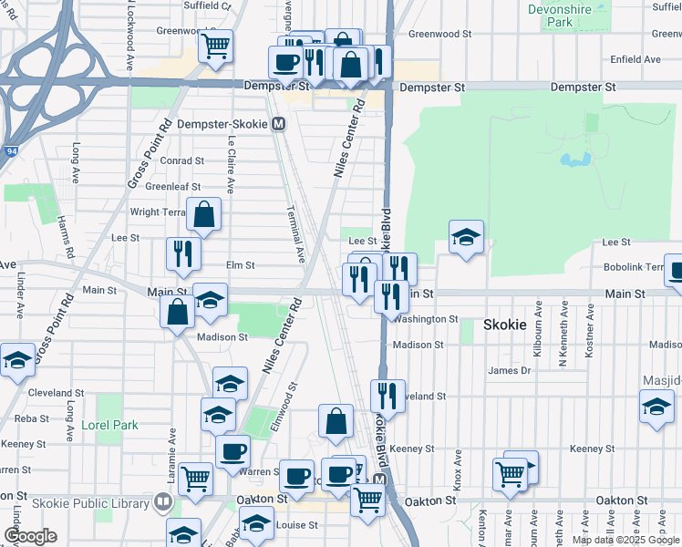 map of restaurants, bars, coffee shops, grocery stores, and more near 4860 Main Street in Skokie