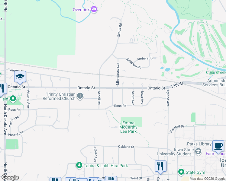 map of restaurants, bars, coffee shops, grocery stores, and more near 1240 Michigan Avenue in Ames