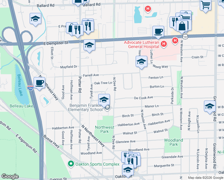 map of restaurants, bars, coffee shops, grocery stores, and more near 1495 North Dee Road in Park Ridge