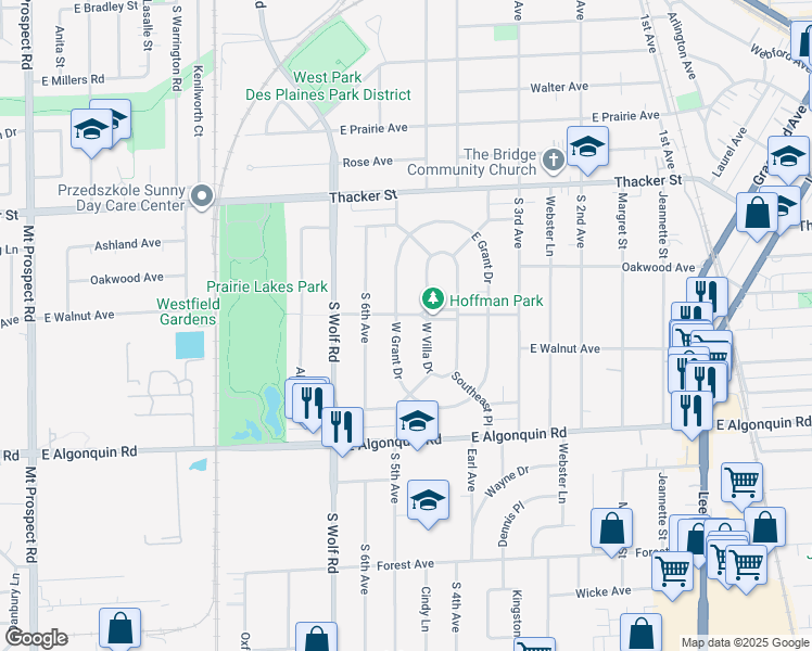map of restaurants, bars, coffee shops, grocery stores, and more near 993 Hoffman Parkway in Des Plaines