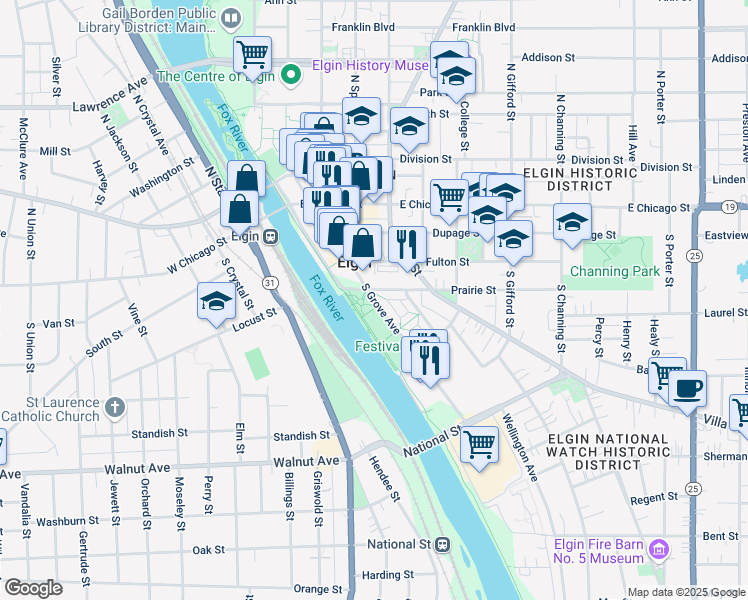 map of restaurants, bars, coffee shops, grocery stores, and more near 128 South Grove Avenue in Elgin