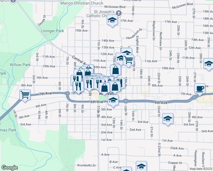 map of restaurants, bars, coffee shops, grocery stores, and more near 12th Street in Marion