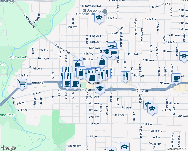 map of restaurants, bars, coffee shops, grocery stores, and more near 12th Street in Marion
