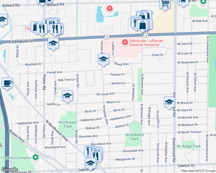 map of restaurants, bars, coffee shops, grocery stores, and more near 1963 Burton Lane in Park Ridge