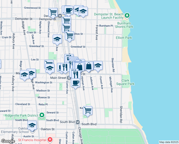 map of restaurants, bars, coffee shops, grocery stores, and more near 910 Judson Avenue in Evanston