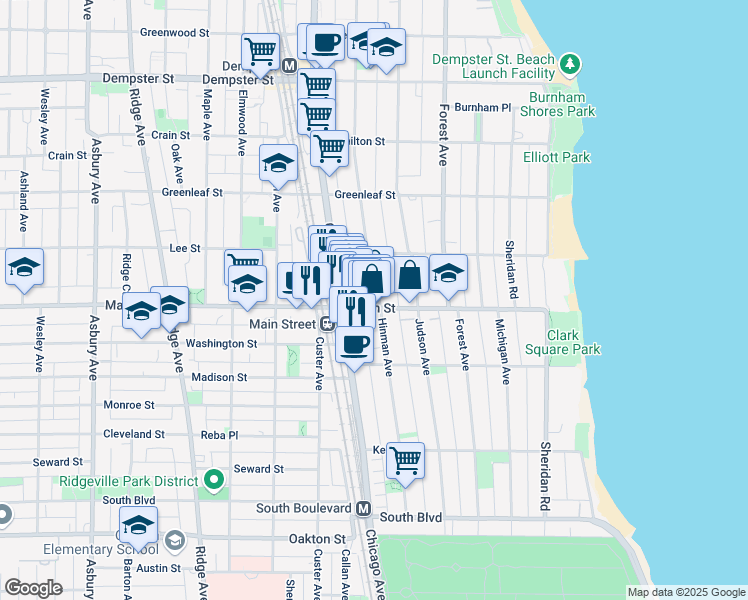 map of restaurants, bars, coffee shops, grocery stores, and more near 918 Hinman Avenue in Evanston