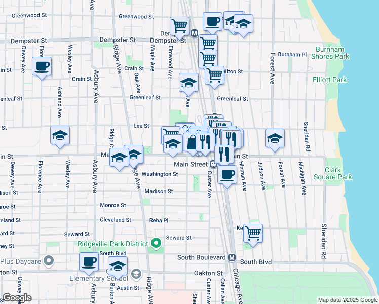 map of restaurants, bars, coffee shops, grocery stores, and more near 914 Sherman Avenue in Evanston