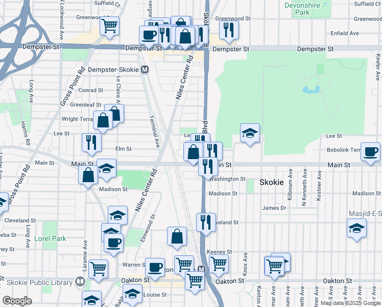 map of restaurants, bars, coffee shops, grocery stores, and more near 4830 Elm Street in Skokie