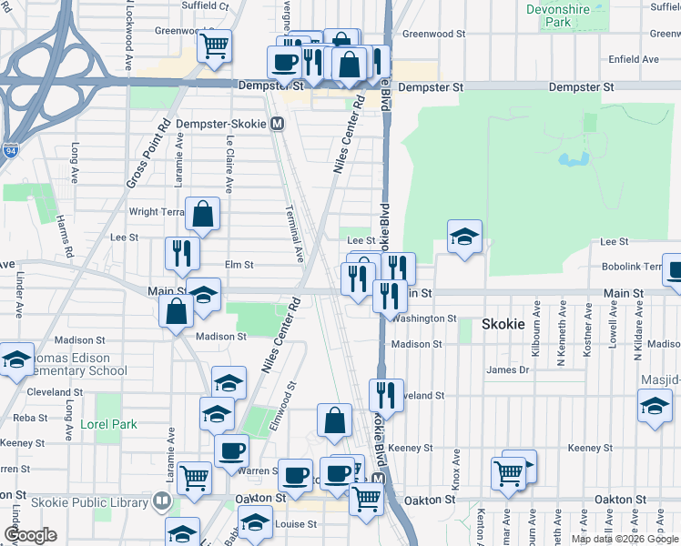 map of restaurants, bars, coffee shops, grocery stores, and more near 4860 Main Street in Skokie