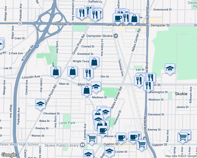map of restaurants, bars, coffee shops, grocery stores, and more near 5058 Elm Street in Skokie