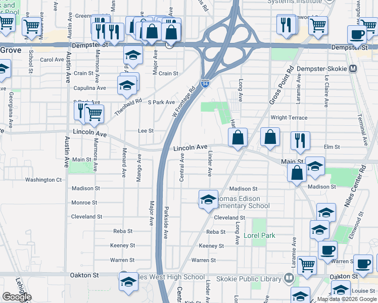 map of restaurants, bars, coffee shops, grocery stores, and more near in Morton Grove