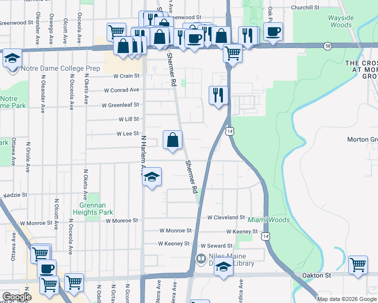 map of restaurants, bars, coffee shops, grocery stores, and more near 8433 North Shermer Road in Niles