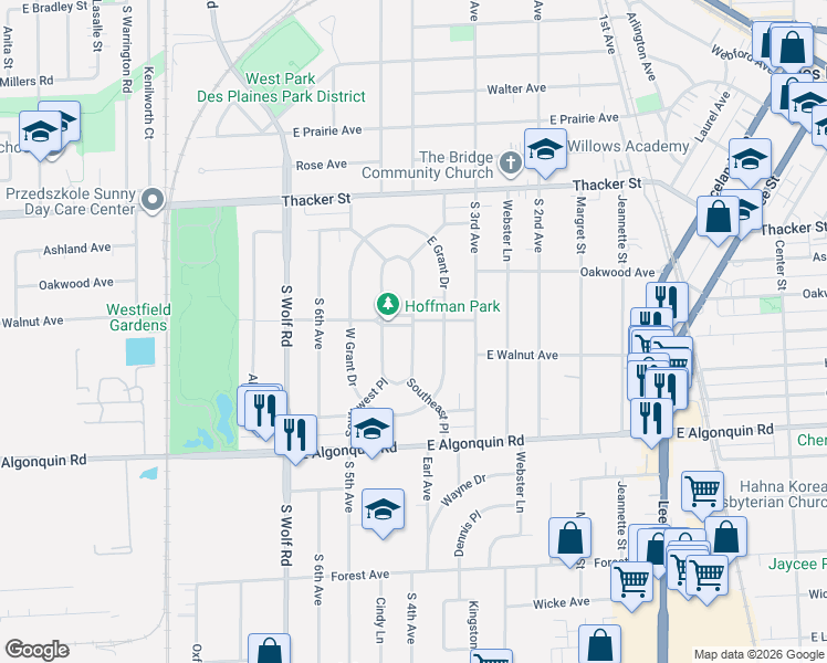 map of restaurants, bars, coffee shops, grocery stores, and more near 980 East Villa Drive in Des Plaines