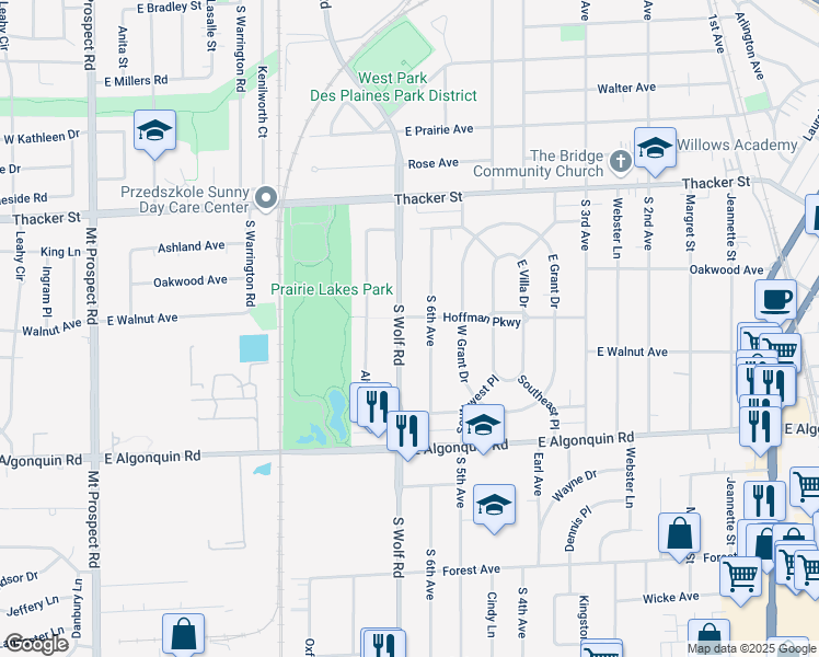 map of restaurants, bars, coffee shops, grocery stores, and more near in Des Plaines
