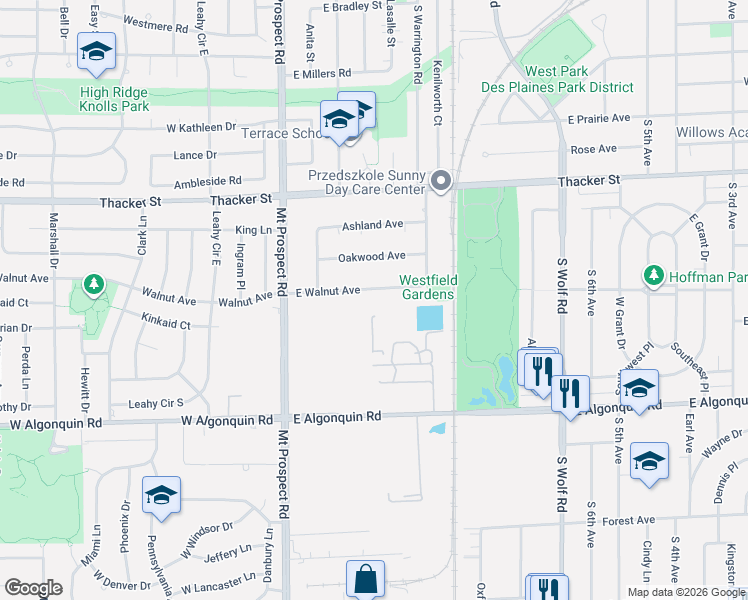 map of restaurants, bars, coffee shops, grocery stores, and more near 185 East Walnut Avenue in Des Plaines