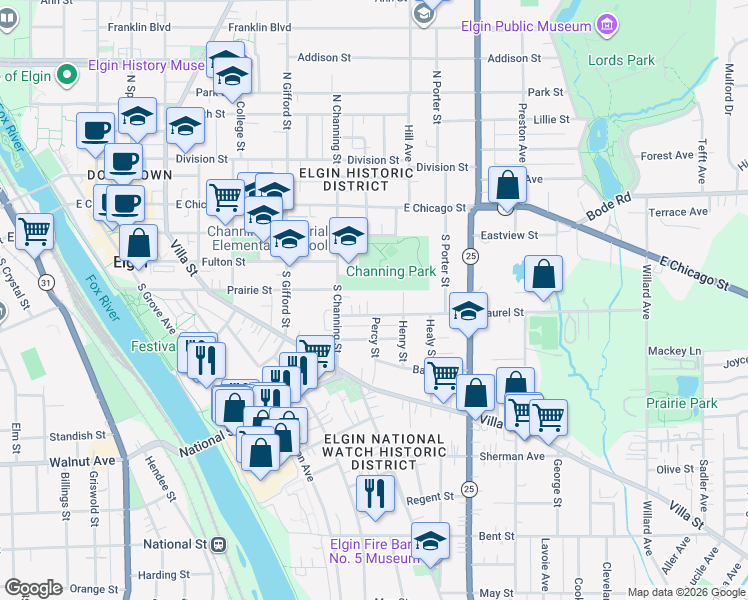 map of restaurants, bars, coffee shops, grocery stores, and more near 153 Laurel Court in Elgin